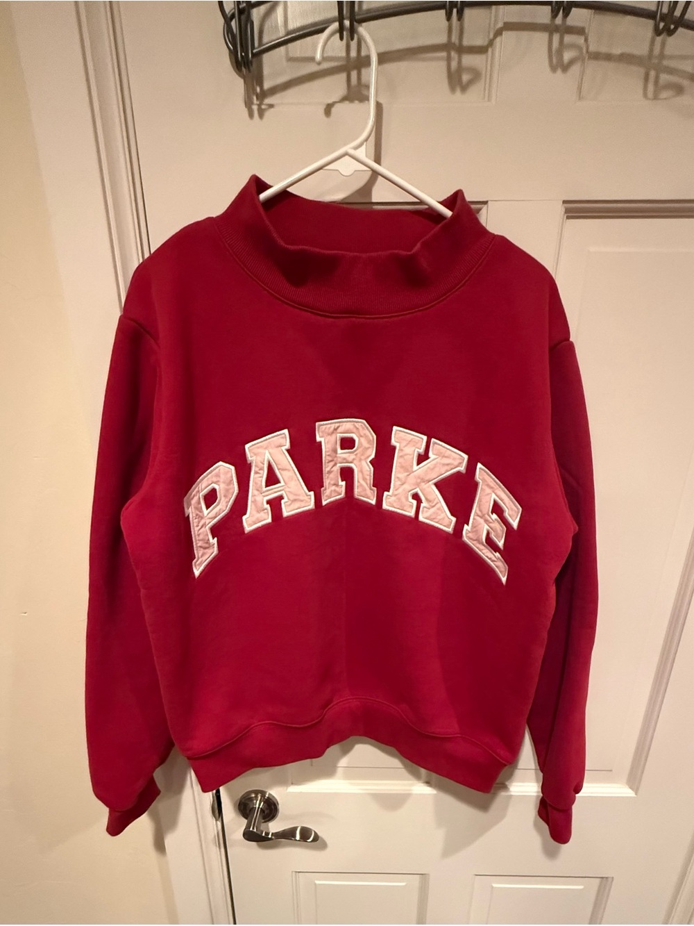 PARKE Women's Valentine's Day Varsity Mockneck Sweatshirt Crimson Peony S/M